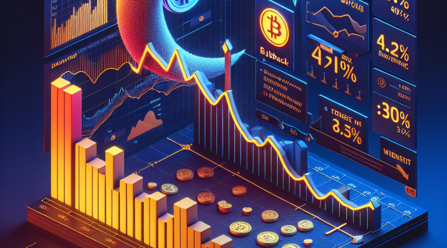 "SEO alt-text: Decreasing weekly revenue graph showing Pumpfun's performance metrics in bright orange against a midnight blue backdrop with logos of Pumpfun token and TRUMP memecoin. Smaller dark blue graph depicting recent 30% rebound. Foreground illustrates 42% ICO valuation drop. Perfect blend of bright, contrasting colours in a professional, clean design, size 1200 x 628 pixels."