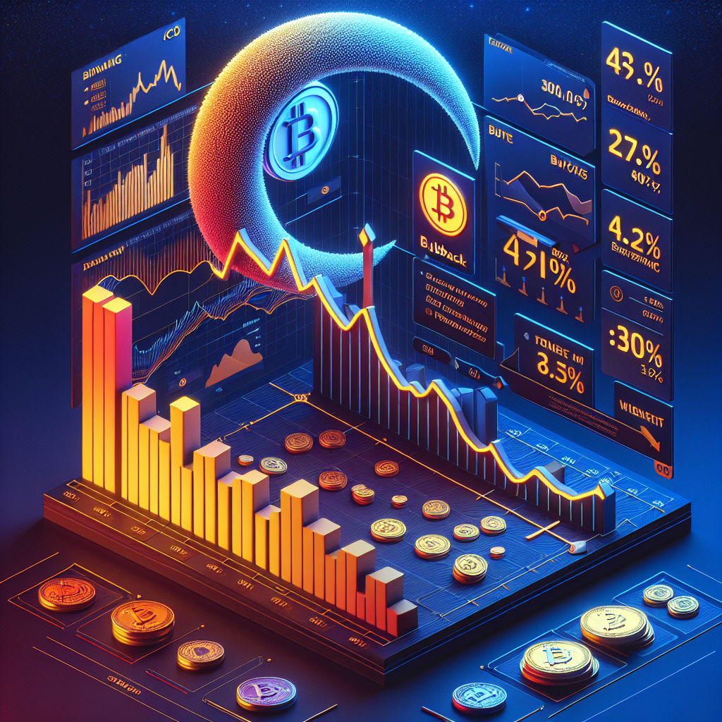 "SEO alt-text: Decreasing weekly revenue graph showing Pumpfun's performance metrics in bright orange against a midnight blue backdrop with logos of Pumpfun token and TRUMP memecoin. Smaller dark blue graph depicting recent 30% rebound. Foreground illustrates 42% ICO valuation drop. Perfect blend of bright, contrasting colours in a professional, clean design, size 1200 x 628 pixels."