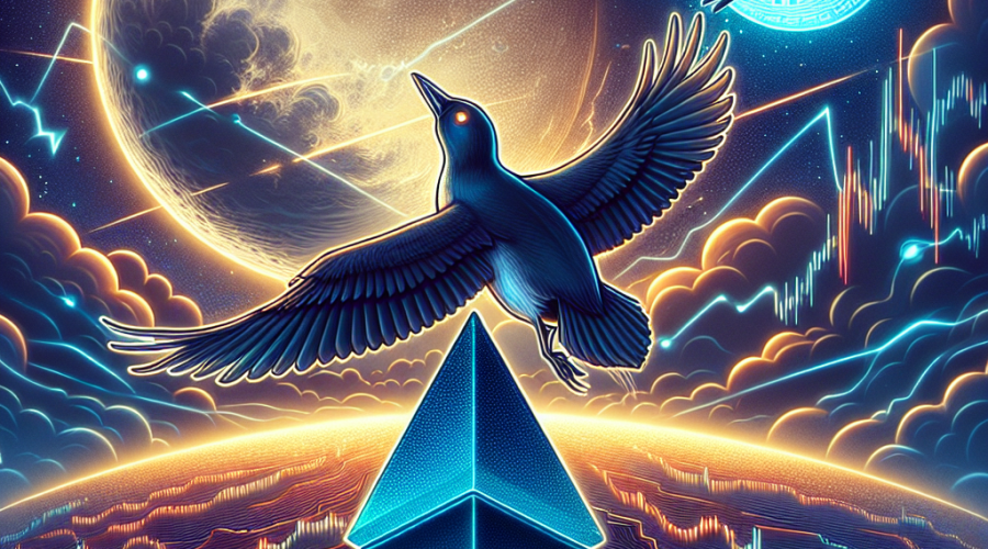 "Digital Moonbird flying over a vibrant Ethereum symbol, with a Pudgy Penguin reflection in its eye and crypto market volatility displayed in the backdrop. A symbolic depiction of Mike Dudas' recent tweet and a subtle hint of the Proof ecosystem in contrast of orange, dark and midnight blue."