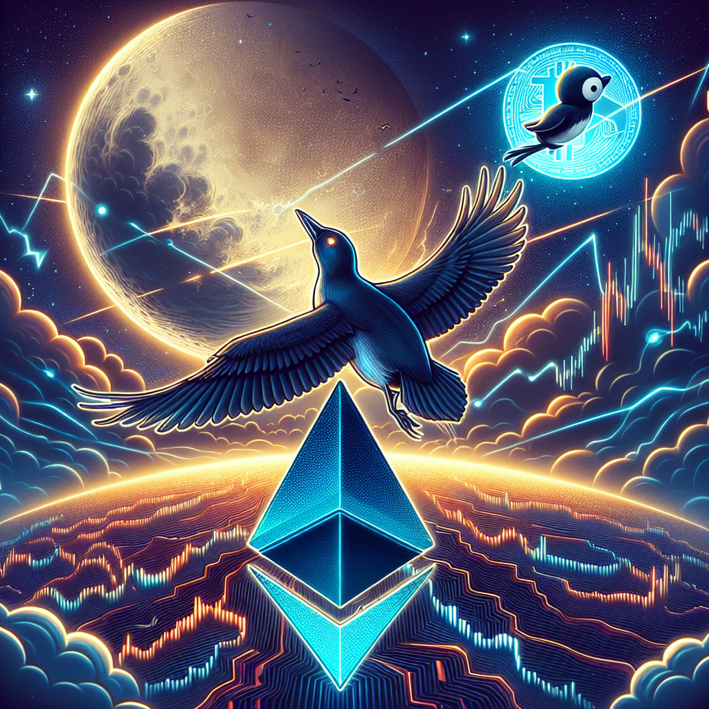 "Digital Moonbird flying over a vibrant Ethereum symbol, with a Pudgy Penguin reflection in its eye and crypto market volatility displayed in the backdrop. A symbolic depiction of Mike Dudas' recent tweet and a subtle hint of the Proof ecosystem in contrast of orange, dark and midnight blue."