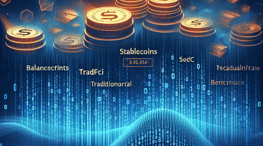 "Dark blue background visually depicting the integration of stablecoins and traditional finance through images of physical coins and balance sheets superimposed with bright orange or midnight blue text saying 'SEC-Stablecoins & TradFi: A New Wave' and a delicately incorporated SEC logo to represent the evolving landscape of DeFi in traditional finance."
