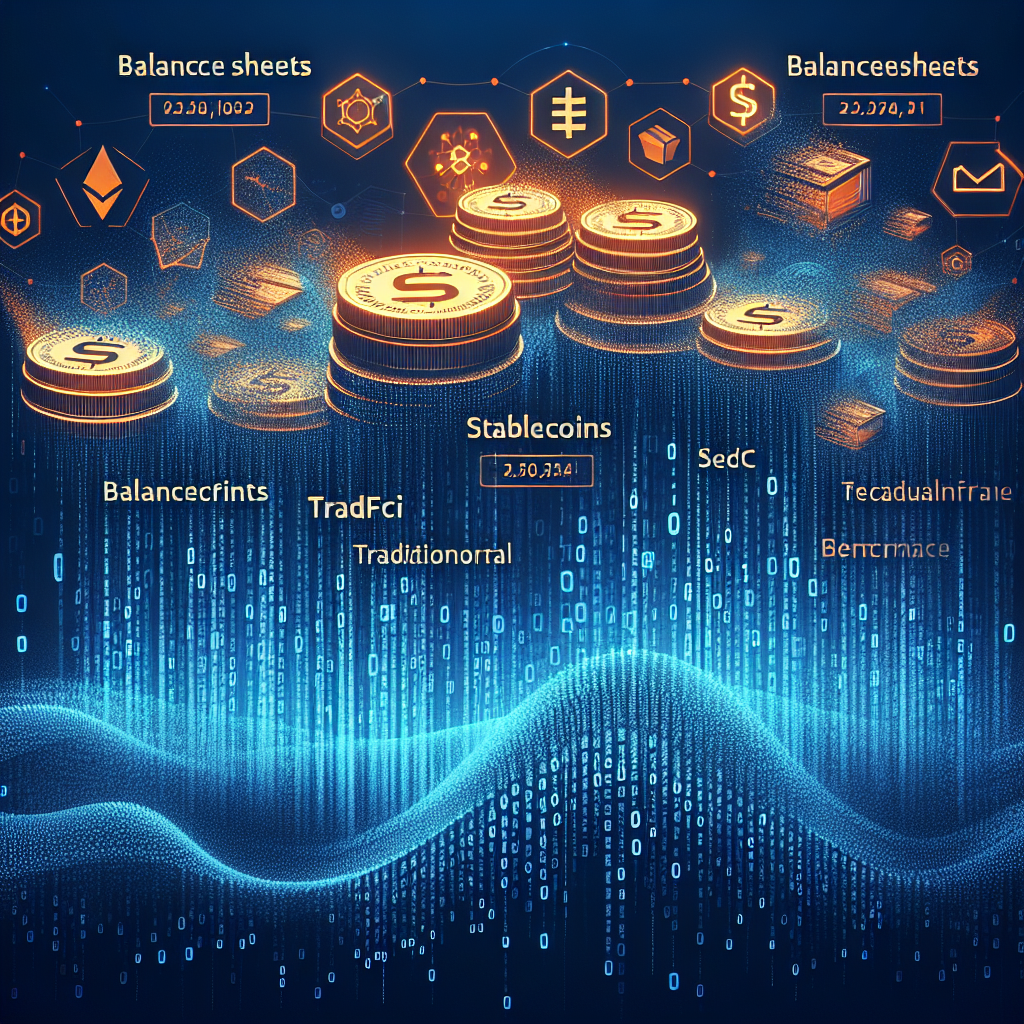 "Dark blue background visually depicting the integration of stablecoins and traditional finance through images of physical coins and balance sheets superimposed with bright orange or midnight blue text saying 'SEC-Stablecoins & TradFi: A New Wave' and a delicately incorporated SEC logo to represent the evolving landscape of DeFi in traditional finance."