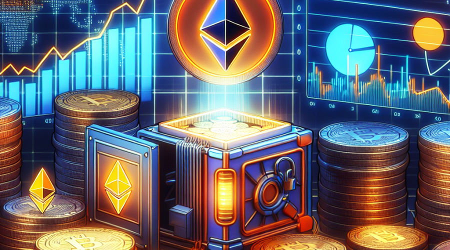 "SharpLink digital asset investment firm purchasing and staking large amounts of Ethereum shown through a concept image with Ethereum coin, investment growth graphs in SharpLink's brand colours Orange (#FF9811), Dark Blue (#000D43), and Midnight Blue (#021B88), symbolising potential rewards and earning opportunities"