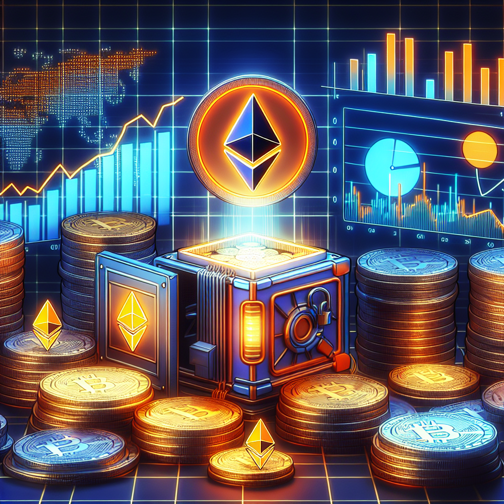 "SharpLink digital asset investment firm purchasing and staking large amounts of Ethereum shown through a concept image with Ethereum coin, investment growth graphs in SharpLink's brand colours Orange (#FF9811), Dark Blue (#000D43), and Midnight Blue (#021B88), symbolising potential rewards and earning opportunities"