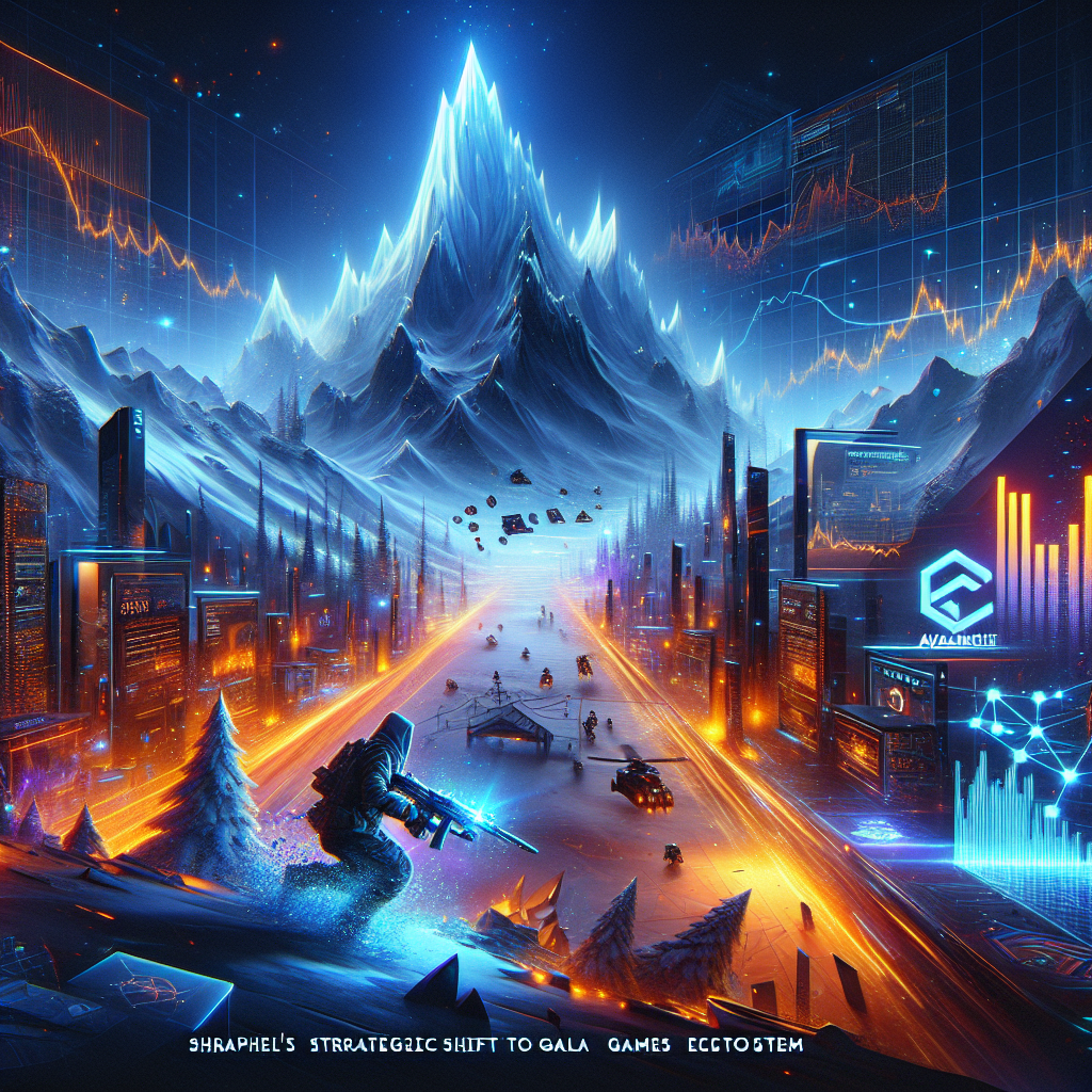 "Neon-lit 3D gaming environment transitioning from Avalanche blockchain ice-peak to Gala Games futuristic cityscape, featuring a player avatar from Shrapnel FPS game with unique weapon skin and floating SHRAP tokens, with a backdrop subtly hinting at market volatility. 'Shrapnel's Strategic Shift to Gala Games Ecosystem' text in bold highlights the image."