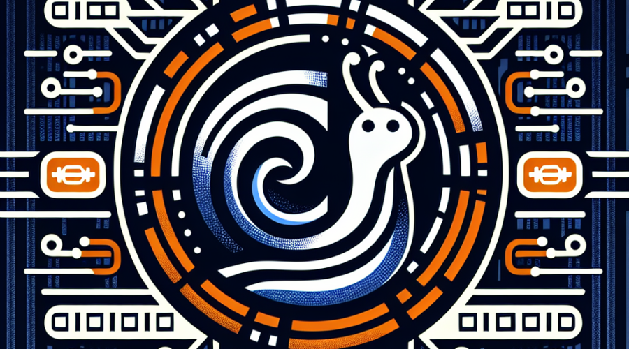 "SEO alt-text: Illustration of Snail Inc. logo surrounded by digital stablecoins and video game elements, such as controllers and characters, against a binary code backdrop, predominately coloured in shades of Orange, Dark Blue, and Midnight Blue."