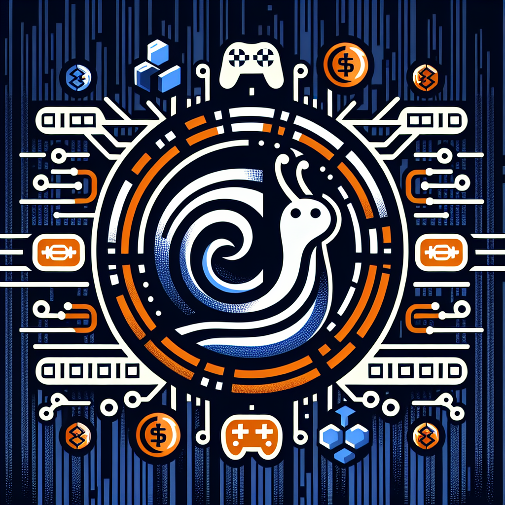 "SEO alt-text: Illustration of Snail Inc. logo surrounded by digital stablecoins and video game elements, such as controllers and characters, against a binary code backdrop, predominately coloured in shades of Orange, Dark Blue, and Midnight Blue."