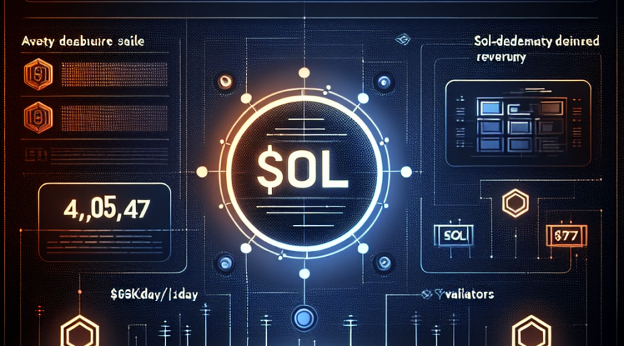 "Stylized dark blue to midnight blue gradient background displaying the transition infographic of SOL tokens from an equity raise to DeFi Development Corp's balance sheet, featuring the prominent silhouette of digital tokens with numbers such as 407,247, and small illustrations of validators staking SOL tokens. A striking, orange font displaying 'DeFi Dev Corp Buys $77M SOL Tokens' overlays the image at the top, accompanied by faint white subscripts highlighting '$63K/day SOL-denominated revenue', encapsulating a sleek, modern, and cryptocurrency themed visual narrative."