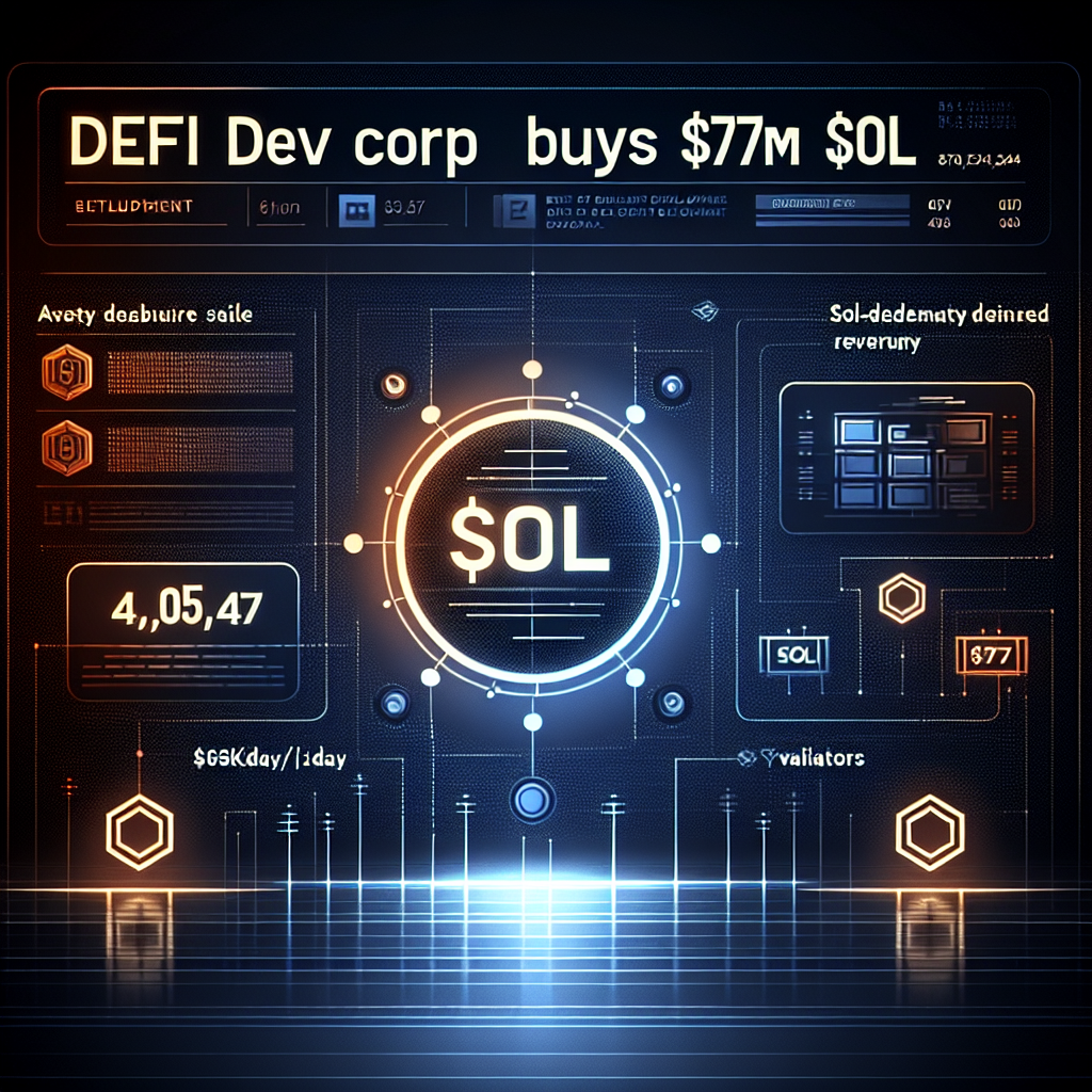"Stylized dark blue to midnight blue gradient background displaying the transition infographic of SOL tokens from an equity raise to DeFi Development Corp's balance sheet, featuring the prominent silhouette of digital tokens with numbers such as 407,247, and small illustrations of validators staking SOL tokens. A striking, orange font displaying 'DeFi Dev Corp Buys M SOL Tokens' overlays the image at the top, accompanied by faint white subscripts highlighting 'K/day SOL-denominated revenue', encapsulating a sleek, modern, and cryptocurrency themed visual narrative."