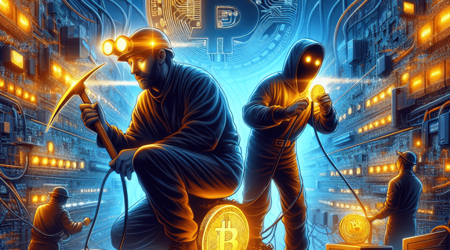 "Two dedicated Bitcoin miners operating amidst vibrant Orange and Midnight blue hues of our brand, surrounded by dynamic circuits representing their high hashrate. One miner holds a golden Bitcoin symbolizing their triumphant acquisition of a lucrative block reward. All set against a dark blue backdrop with a subtly elevated Bitcoin logo, emphasising the dramatic and decentralized nature of Bitcoin mining."