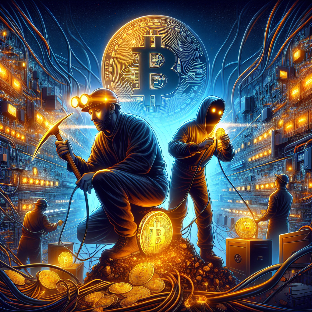 "Two dedicated Bitcoin miners operating amidst vibrant Orange and Midnight blue hues of our brand, surrounded by dynamic circuits representing their high hashrate. One miner holds a golden Bitcoin symbolizing their triumphant acquisition of a lucrative block reward. All set against a dark blue backdrop with a subtly elevated Bitcoin logo, emphasising the dramatic and decentralized nature of Bitcoin mining."