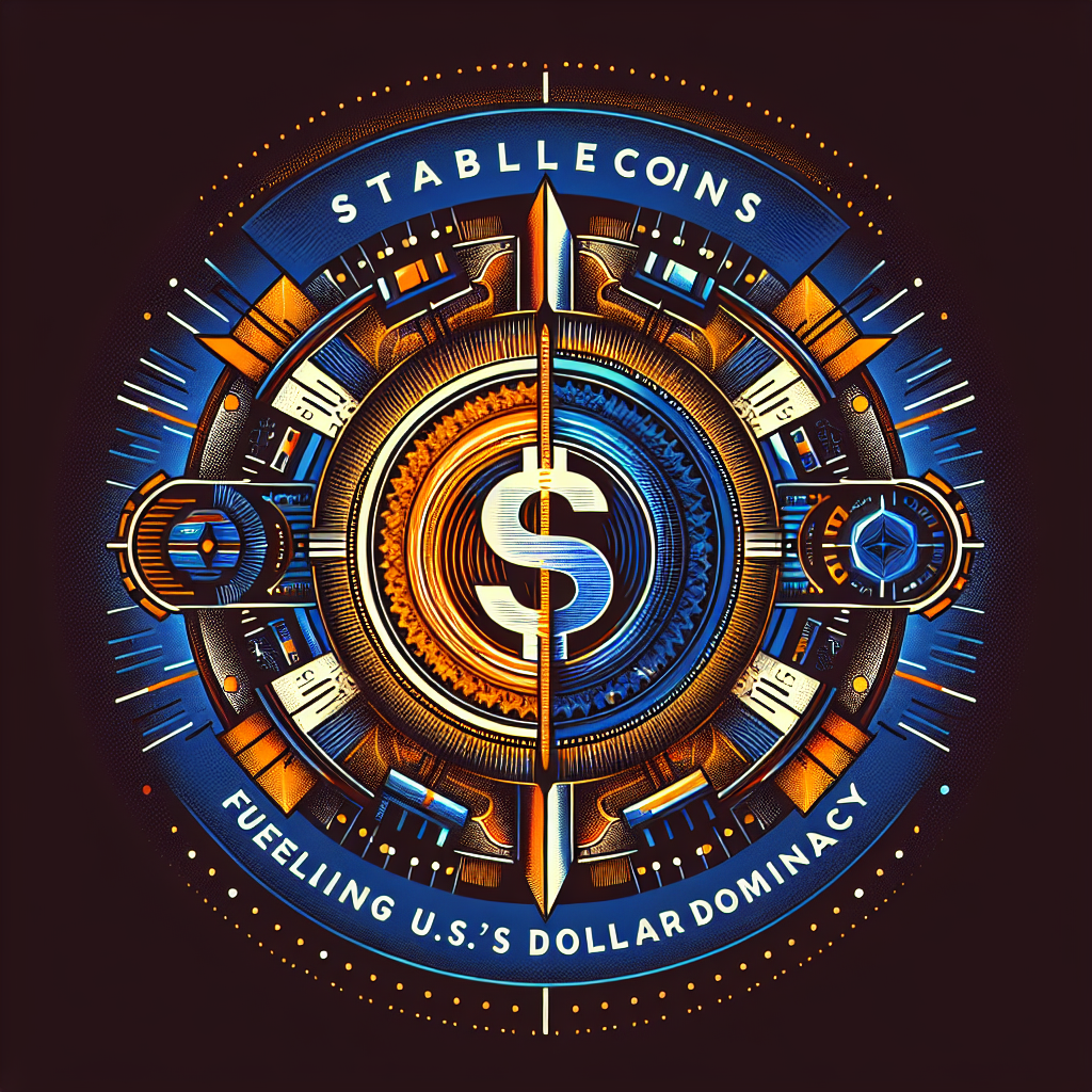 "Stylized illustration of a U.S. dollar bill morphing into a luminous digital stablecoin, presented in BlackRock brand's striking orange and dark blue hues with midnight blue accents. The image, bearing the title 'Stablecoins: Fueling U.S. Dollar Dominance' in bold, contemporary typography, subtly features the BlackRock logo in the top right corner. This dynamic, tech-influenced image symbolizes an advancing financial landscape driven by cryptocurrency."