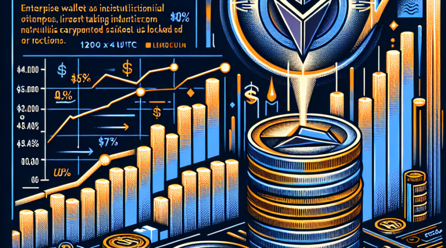 "Dynamic graph showcasing Stellar Lumens (XLM) fluctuating tightly between $0.42 and $0.43, with visible profit-taking at 1%, set against a clock pointing to 14:00 UTC. Notable visual elements signify a bull market trend, all-time high active enterprise wallets, and increasing total value locked on the Stellar network. Visual representation dotted with icons symbolizing institutional participation, alongside text highlighting potential key resistance at $0.50 and possible surge up to $0.60-$0.77. Aesthetic design painted in a balanced mix of Orange, Dark Blue, and Midnight Blue, formatted to a perfect size of 1200 x 628 pixels."
