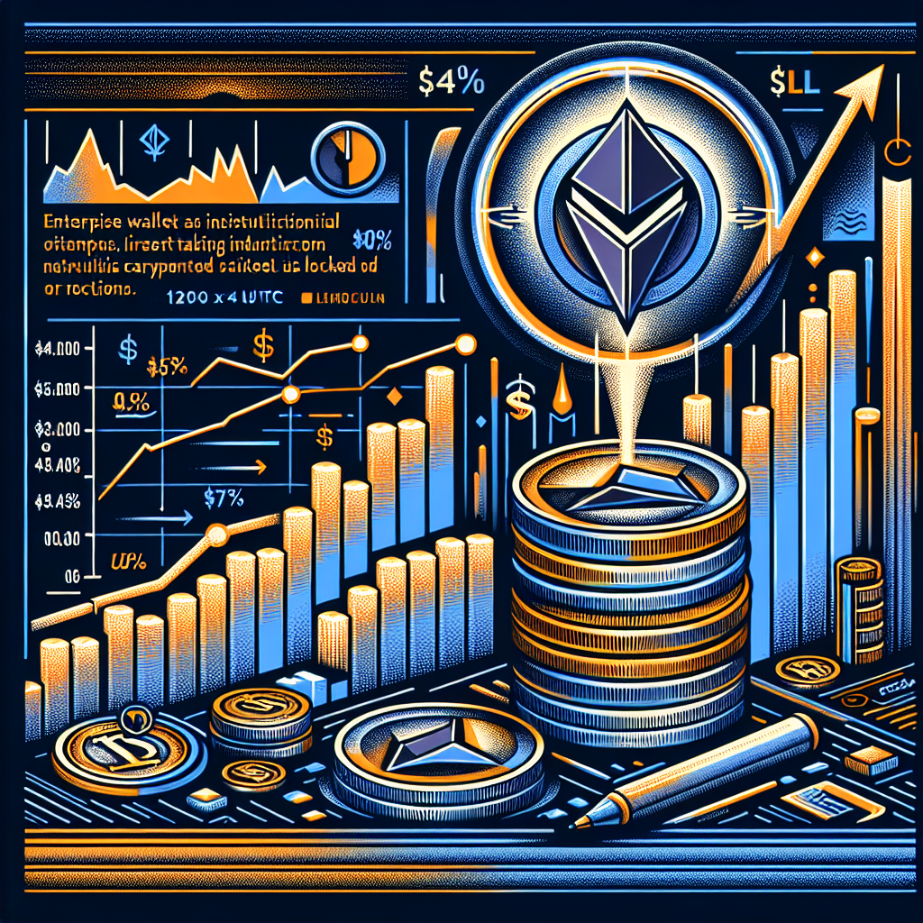 "Dynamic graph showcasing Stellar Lumens (XLM) fluctuating tightly between $0.42 and $0.43, with visible profit-taking at 1%, set against a clock pointing to 14:00 UTC. Notable visual elements signify a bull market trend, all-time high active enterprise wallets, and increasing total value locked on the Stellar network. Visual representation dotted with icons symbolizing institutional participation, alongside text highlighting potential key resistance at $0.50 and possible surge up to $0.60-$0.77. Aesthetic design painted in a balanced mix of Orange, Dark Blue, and Midnight Blue, formatted to a perfect size of 1200 x 628 pixels."