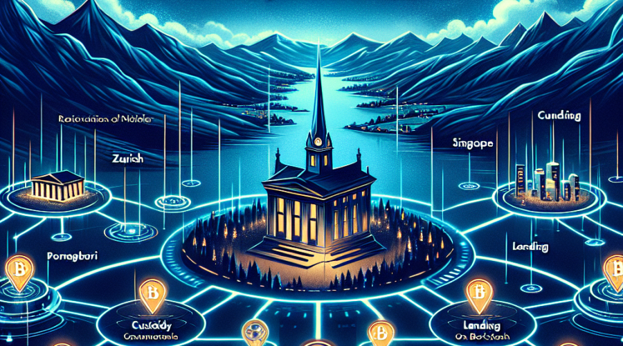 "Midnight blue background featuring Swiss landscape and blockchain symbolizing SUI token with text overlay 'Sygnum Expands Services on SUI Blockchain' in bright orange. Sygnum bank's logo surrounded by dark blue symbols for custody, trading, lending, staking, and cloud services. Bold, white 'Revolutionising Professional Crypto Services' text below. Indications of Sygnum's global presence in Zurich, Singapore, Abu Dhabi, Luxembourg, and Liechtenstein on a simplified world map in the bottom left corner."