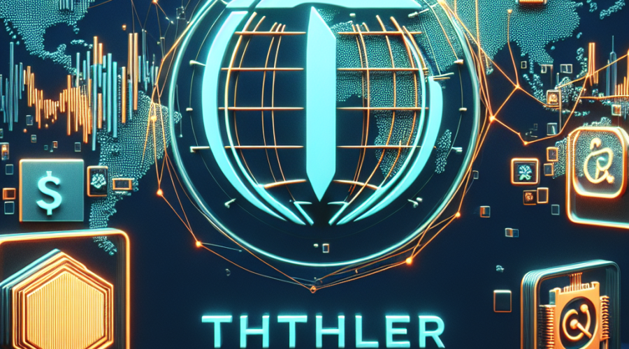 "3D model of Tether and Rumble logos showcased on a dark blue global map (#000D43) to signify their potential business acquisition's wide reach. The image features a shares icon in corporate orange (#FF9811) on the left and a semi-transparent AI chip icon on the right, indicating Northern Data's involvement. The composition is professionally designed, reflecting the deal's importance."