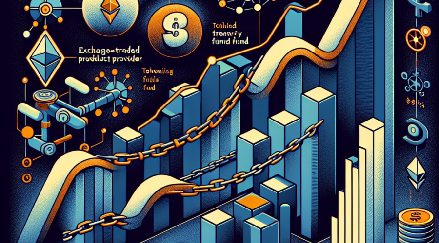 "SEO alt-text: Vibrant illustration bursts with symbolic blockchain imagery representing on-chain inflow surge, chain links and banking rails mesh with rising graph, Ethereum, Solana currencies. ETP provider WisdomTrees, WTGXX Digital Fund, tokenized treasury funds like BlackRocks' BUIDL are recognizably featured. Stats '1 million', '722%', and ' billion' underline value explosion. Harmonious blend of Orange, Dark Blue, and Midnight Blue sets a consistent theme. Well-proportioned elements populate 1200x628 pixel image for clear readability."