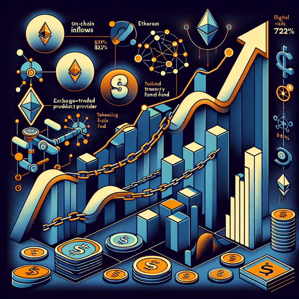 "SEO alt-text: Vibrant illustration bursts with symbolic blockchain imagery representing on-chain inflow surge, chain links and banking rails mesh with rising graph, Ethereum, Solana currencies. ETP provider WisdomTrees, WTGXX Digital Fund, tokenized treasury funds like BlackRocks' BUIDL are recognizably featured. Stats '1 million', '722%', and ' billion' underline value explosion. Harmonious blend of Orange, Dark Blue, and Midnight Blue sets a consistent theme. Well-proportioned elements populate 1200x628 pixel image for clear readability."