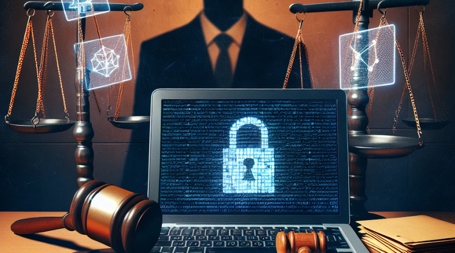 "Courtroom featuring gavel, laptop displaying binary code and shadowy figure of convicted cryptocurrency developer, accented by faint cryptocurrency icons to represent decentralization and privacy with lock, shield, and coded envelopes. Aesthetic blend of our brand colors orange #FF9811, dark blue #000D43, and midnight blue #021B88."