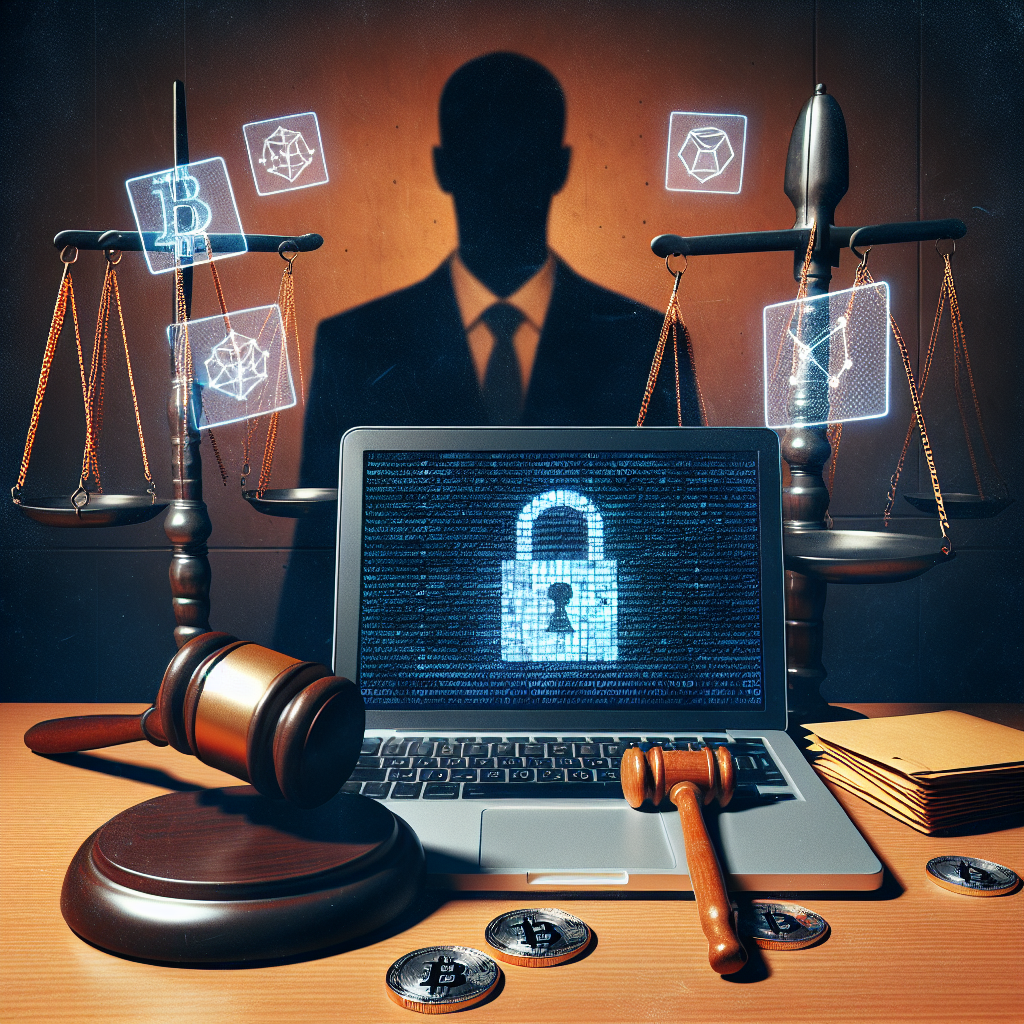 "Courtroom featuring gavel, laptop displaying binary code and shadowy figure of convicted cryptocurrency developer, accented by faint cryptocurrency icons to represent decentralization and privacy with lock, shield, and coded envelopes. Aesthetic blend of our brand colors orange #FF9811, dark blue #000D43, and midnight blue #021B88."