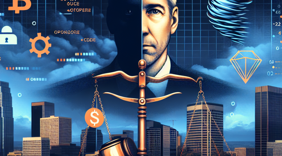 "SEO alt-text: Gavel symbolizing a court trial with Roman Storm's profile photo and Tornado Cash logo, a coding-open source versus monetary misconduct legal scene in the Southern District of New York skyline background. Balanced scales of justice characterized by coding symbols and a money sign, elements colored in Dark Blue (#000D43), Orange (#FF9811), and Midnight Blue (#021B88) to accentuate the intensity of the situation. Image measuring 1200 x 628 pixels."