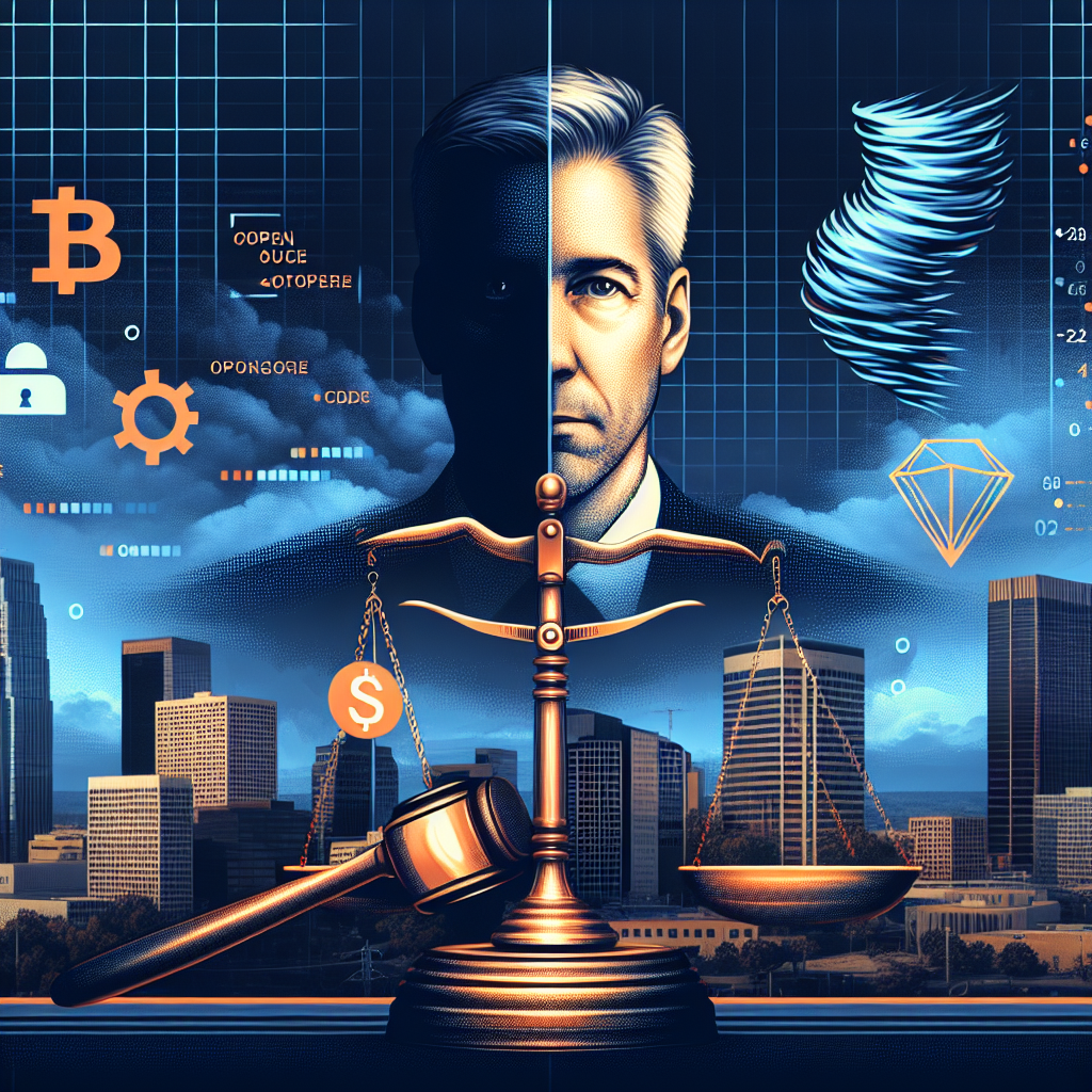 "SEO alt-text: Gavel symbolizing a court trial with Roman Storm's profile photo and Tornado Cash logo, a coding-open source versus monetary misconduct legal scene in the Southern District of New York skyline background. Balanced scales of justice characterized by coding symbols and a money sign, elements colored in Dark Blue (#000D43), Orange (#FF9811), and Midnight Blue (#021B88) to accentuate the intensity of the situation. Image measuring 1200 x 628 pixels."