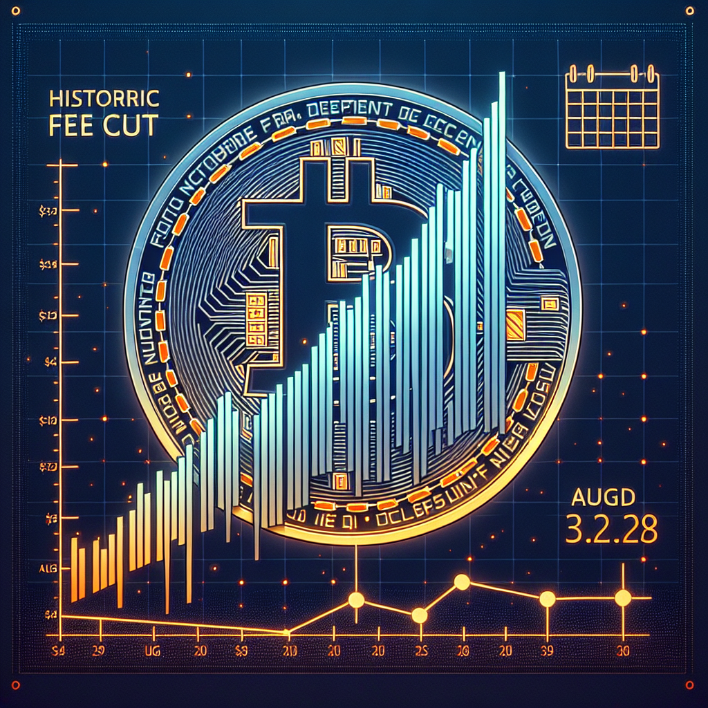 "SEO optimized alt-text: Tron/TRX coin graph with fluctuating price between $0.34 and $0.36, network background demonstrating fee reduction impact, date of fee cut (August 29) subtly outlined on a calendar, aesthetic mix of orange and shades of blue, with words 'TRON Historic Fee Cut' prominently incorporated."