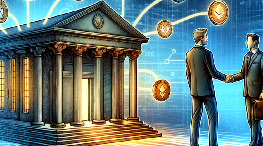 "An illustrated transformation of a treasury building from physical to digital featuring ALT5 Sigma company logo and WLFI tokens. Eric Trump and Zach Witkoff shaking hands in foreground signifies strong partnership. Bitcoin and Ether symbols are incorported in the digital backdrop. Visual accents in dark blue (#000D43), orange (#FF9811), and midnight blue (#021B88) frame the image."