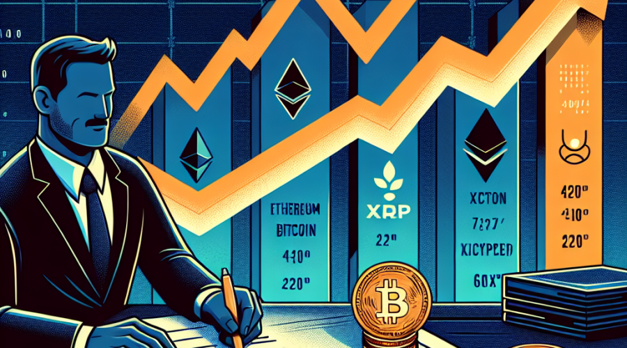 "Large-scale text 'Crypto Markets Rise' in orange with illustrations of Ethereum, Bitcoin, and XRP as upward trending graphs, a representation of President Donald Trump signing an executive order, a 401(k) savings symbol and SEC symbol on a dark blue background with midnight blue design elements - relating to retirement plans and regulatory matters in cryptocurrency."
