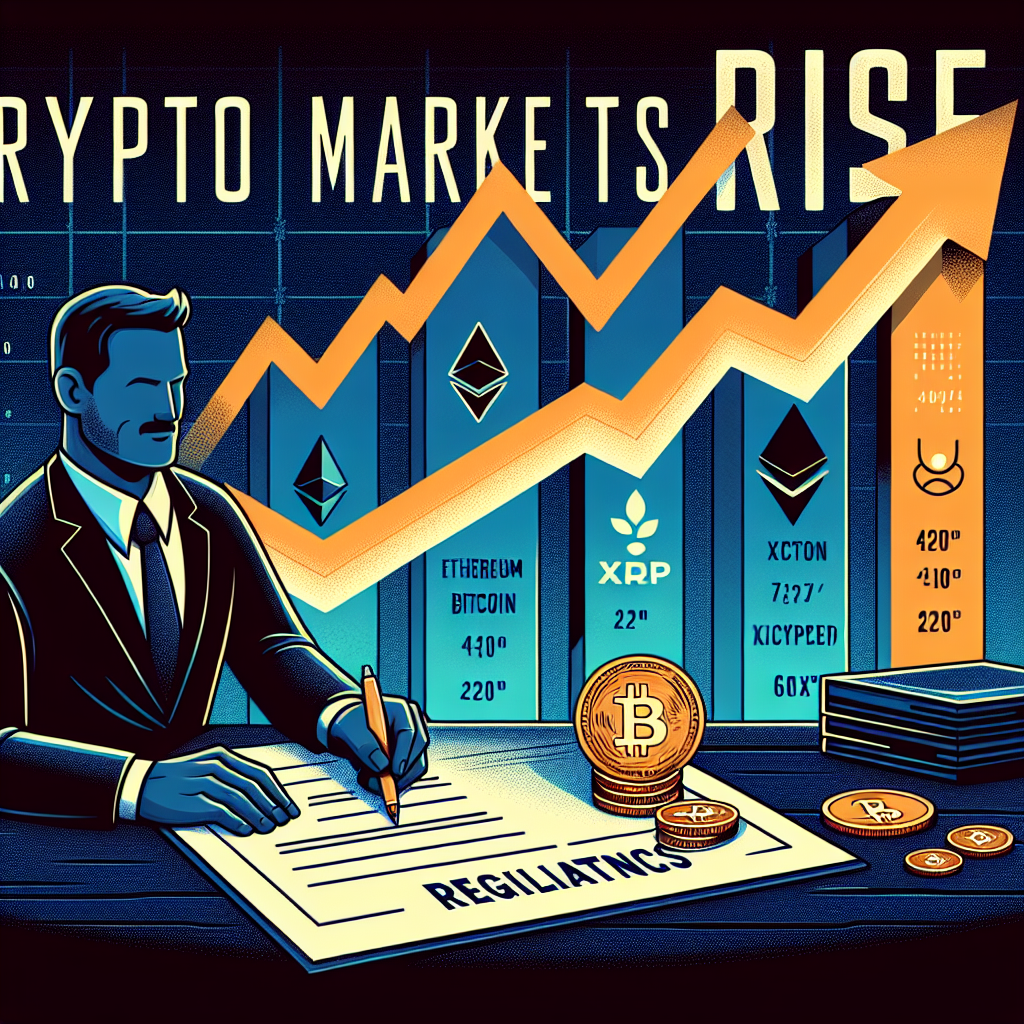 "Large-scale text 'Crypto Markets Rise' in orange with illustrations of Ethereum, Bitcoin, and XRP as upward trending graphs, a representation of President Donald Trump signing an executive order, a 401(k) savings symbol and SEC symbol on a dark blue background with midnight blue design elements - relating to retirement plans and regulatory matters in cryptocurrency."