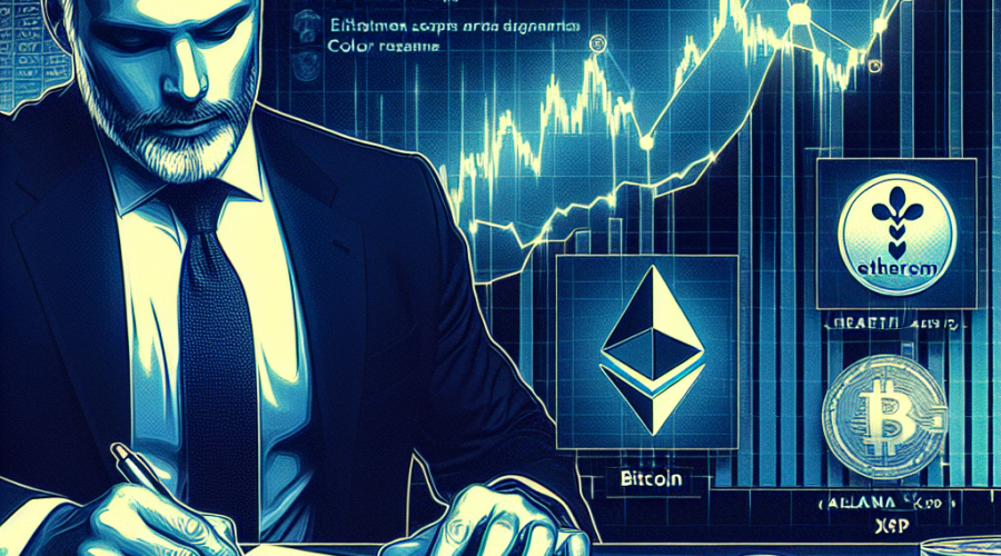 "President Trump signing an executive order with rising Ethereum (ETH) and Bitcoin (BTC) graph in the background, icons of Solana (SOL) and XRP subtly included, indicating Cryptocurrency market flourish. 401(k) plans hints subtly blended in, reflecting integration of cryptocurrencies in retirement plans. Brand's prominent orange used for highlights, midnight and dark blue for theme and secondary highlights respectively."