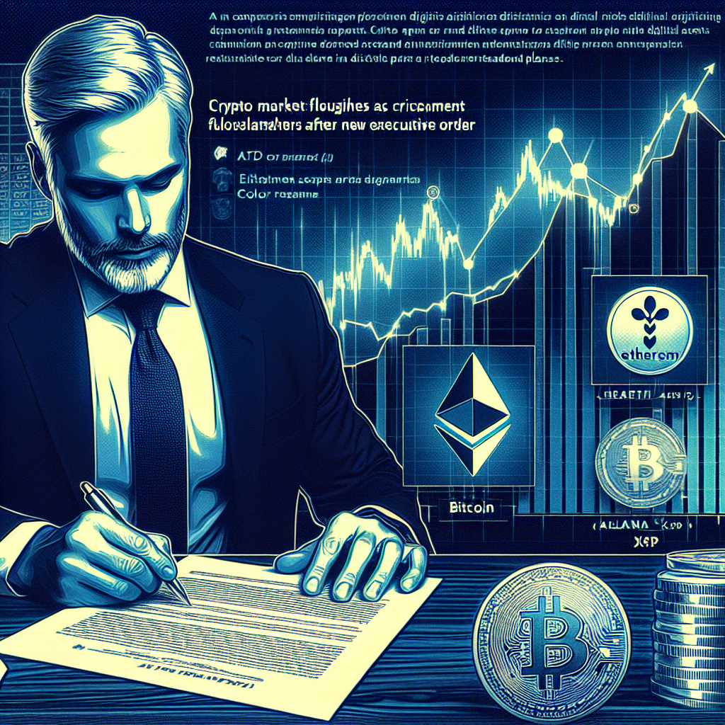 "President Trump signing an executive order with rising Ethereum (ETH) and Bitcoin (BTC) graph in the background, icons of Solana (SOL) and XRP subtly included, indicating Cryptocurrency market flourish. 401(k) plans hints subtly blended in, reflecting integration of cryptocurrencies in retirement plans. Brand's prominent orange used for highlights, midnight and dark blue for theme and secondary highlights respectively."
