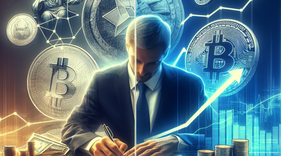 "President Trump signing the GENIUS Act document alongside Tether's USDT and PayPal's PYUSD logos, immersed in a dual-toned background transitioning from deep dark blue to vibrant orange, symbolizing the federal regulation of stablecoins. Tracing a gradually ascending graph line reflects the increasing market cap of stablecoins, with a color shift towards midnight blue signifying its exponential growth. Various icons of stablecoins, audit reports, and currency bills further depict the regulation concept. Image with a resolution of 1200 x 628 pixels."