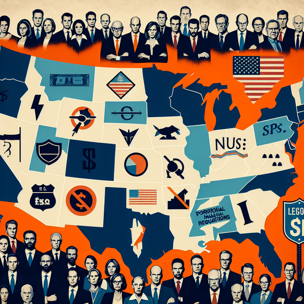 "Wall Street bankers demonstrating opposition to the U.S. GENIUS Act Stablecoin Law, featuring American Bankers Association & National Consumer Law Center logos, section of the GENIUS Act and protective shield symbolizing regulations overlaying a U.S. map, mainly in orange, dark blue and midnight blue colors. Great image representative of national reach, legal complexity and regulatory environment in the financial sector."