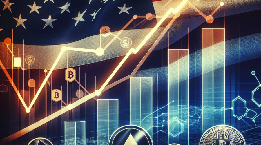 "Upward trending graphs of Bitcoin, Ethereum, and other altcoins signifying positive cryptocurrency market trends against the backdrop of the U.S. flag and policy icons, beautifully blended in shades of orange, dark blue, and midnight blue for SEO."