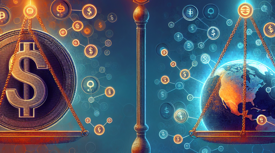 "Balance Scale Weighing US Dollar and Global Stablecoins Under GENIUS Act Regulation, Symbolizing Involvement of Major Institutions Like Bank of America and Walmart, set Against Midnight Blue Background with Orange and Dark Blue Accents"