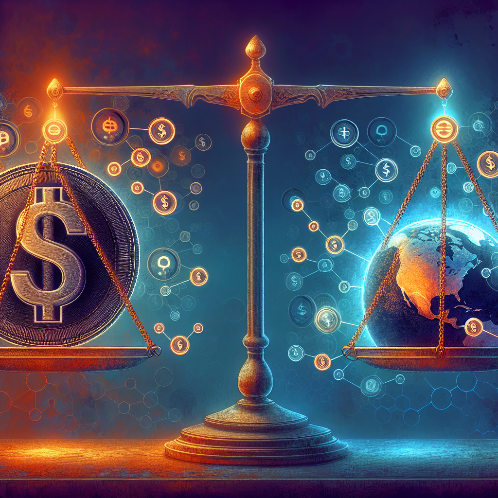 "Balance Scale Weighing US Dollar and Global Stablecoins Under GENIUS Act Regulation, Symbolizing Involvement of Major Institutions Like Bank of America and Walmart, set Against Midnight Blue Background with Orange and Dark Blue Accents"