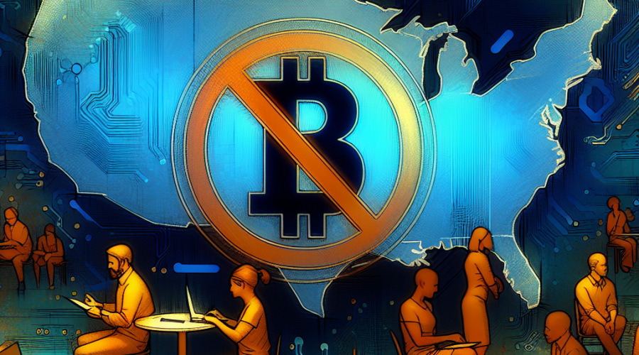 "No Entry symbol in bold orange (#FF9811) on a representation of a Central Bank Digital Currency (CBDC) colored in midnight blue (#021B88) against a dark blue (#000D43) background with a detailed map of the United States. Several concerned individuals in the foreground express worry over privacy. The phrase 'New Provision to Protect Financial Privacy' is featured stylishly yet readably. Perfect image size of 1200x628 pixels for SEO optimization."