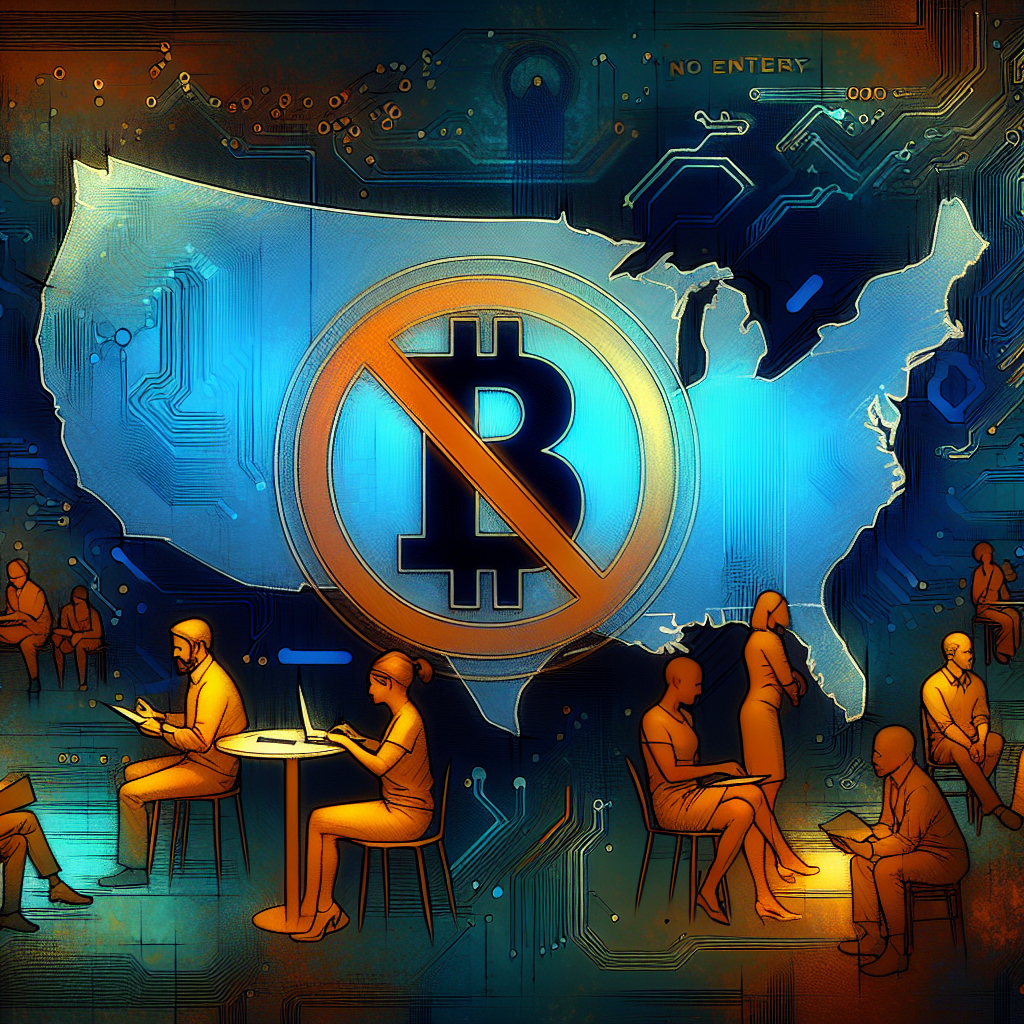 "No Entry symbol in bold orange (#FF9811) on a representation of a Central Bank Digital Currency (CBDC) colored in midnight blue (#021B88) against a dark blue (#000D43) background with a detailed map of the United States. Several concerned individuals in the foreground express worry over privacy. The phrase 'New Provision to Protect Financial Privacy' is featured stylishly yet readably. Perfect image size of 1200x628 pixels for SEO optimization."