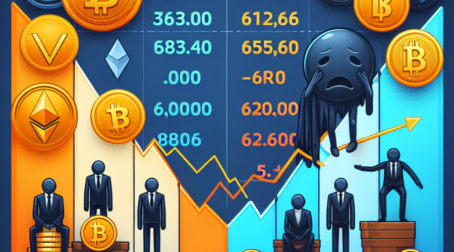 "Vibrant 1200x628 pixel image for WordPress showing a worry-stricken investor watching a sliding scale with Bitcoin, Ether, Solana, and XRP coins tumbling down in hues of vibrant orange (#FF9811) and shades of dark blue (#000D43) and midnight blue (#021B88) against a contrasting backdrop of the U.S. inflation index and jobless claims rising, symbolizing the volatile nature of the cryptocurrency market driven by global economic data. Perfect representation of the insecurities of the digital asset market due to fluctuating economic indicators."