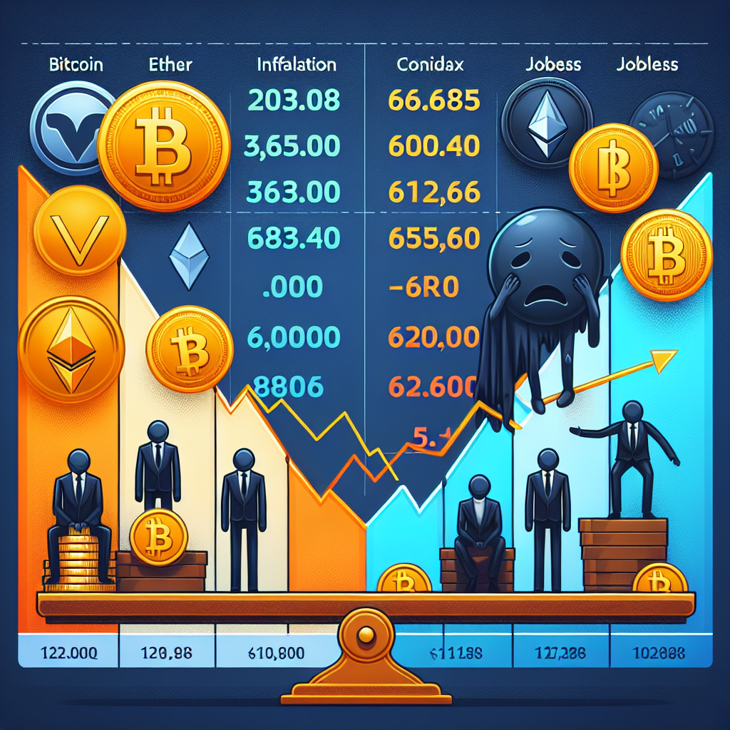 "Vibrant 1200x628 pixel image for WordPress showing a worry-stricken investor watching a sliding scale with Bitcoin, Ether, Solana, and XRP coins tumbling down in hues of vibrant orange (#FF9811) and shades of dark blue (#000D43) and midnight blue (#021B88) against a contrasting backdrop of the U.S. inflation index and jobless claims rising, symbolizing the volatile nature of the cryptocurrency market driven by global economic data. Perfect representation of the insecurities of the digital asset market due to fluctuating economic indicators."