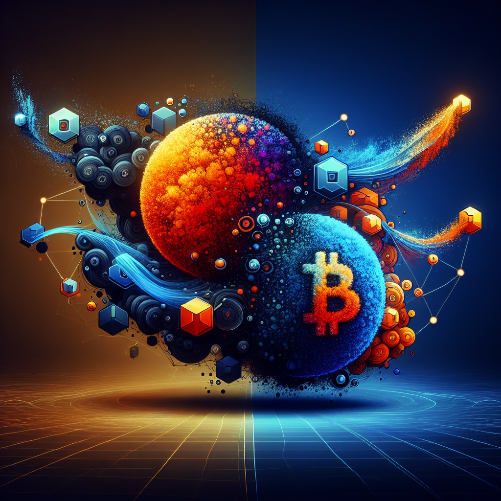 "Abstract digital illustration featuring the merger of Valantis and Staked Hype, symbolized by their unique respective logos embedded onto two connected spheres, with blockchain and decentralization motifs in the background. Dominant design colors are vibrant Orange, Dark Blue and Midnight Blue. Bold text at the forefront indicates 'Valantis acquires Staked Hype'. Optimized at 1200 x 628 pixels for a WordPress blog."