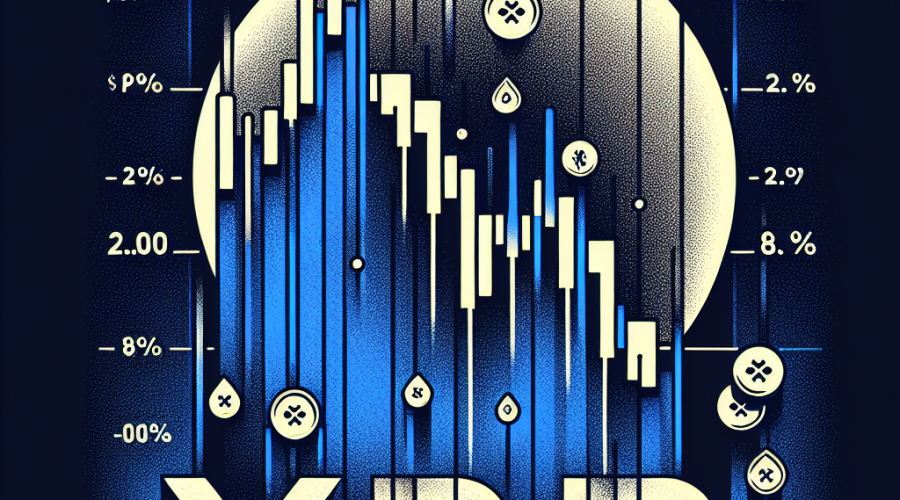 "Digital illustration of the XRP token plummeting on a steep declining Midnight Blue (#021B88) chart, signifying an 8% drop, against a darker blue (#000D43) background. 'XRP 8% Decline in 24hr' written in brand orange (#FF9811) at the bottom. The image includes significant figures like '.17', '.94', and '-8%' incorporated at relevant points on the graph to highlight price variations. The image strictly follows brand typography and measures 1200 x 628 pixels."