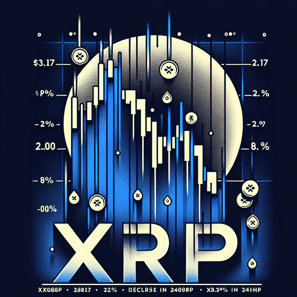 "Digital illustration of the XRP token plummeting on a steep declining Midnight Blue (#021B88) chart, signifying an 8% drop, against a darker blue (#000D43) background. 'XRP 8% Decline in 24hr' written in brand orange (#FF9811) at the bottom. The image includes significant figures like '.17', '.94', and '-8%' incorporated at relevant points on the graph to highlight price variations. The image strictly follows brand typography and measures 1200 x 628 pixels."
