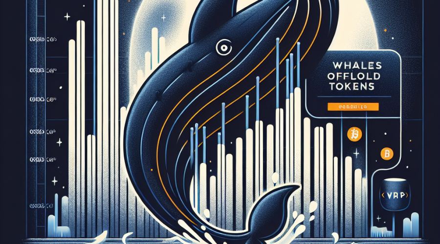 "Monochrome, Midnight-Blue-colored, 1200x628 px chart showing decline in XRP token offload with Orange 'Whales offload tokens' headline and 'Risk of 30% crash' subheadline, XRP logo in top left, and whale illustration indicating a downsize in bottom right, reflecting potential future crash trend in XRP investment."