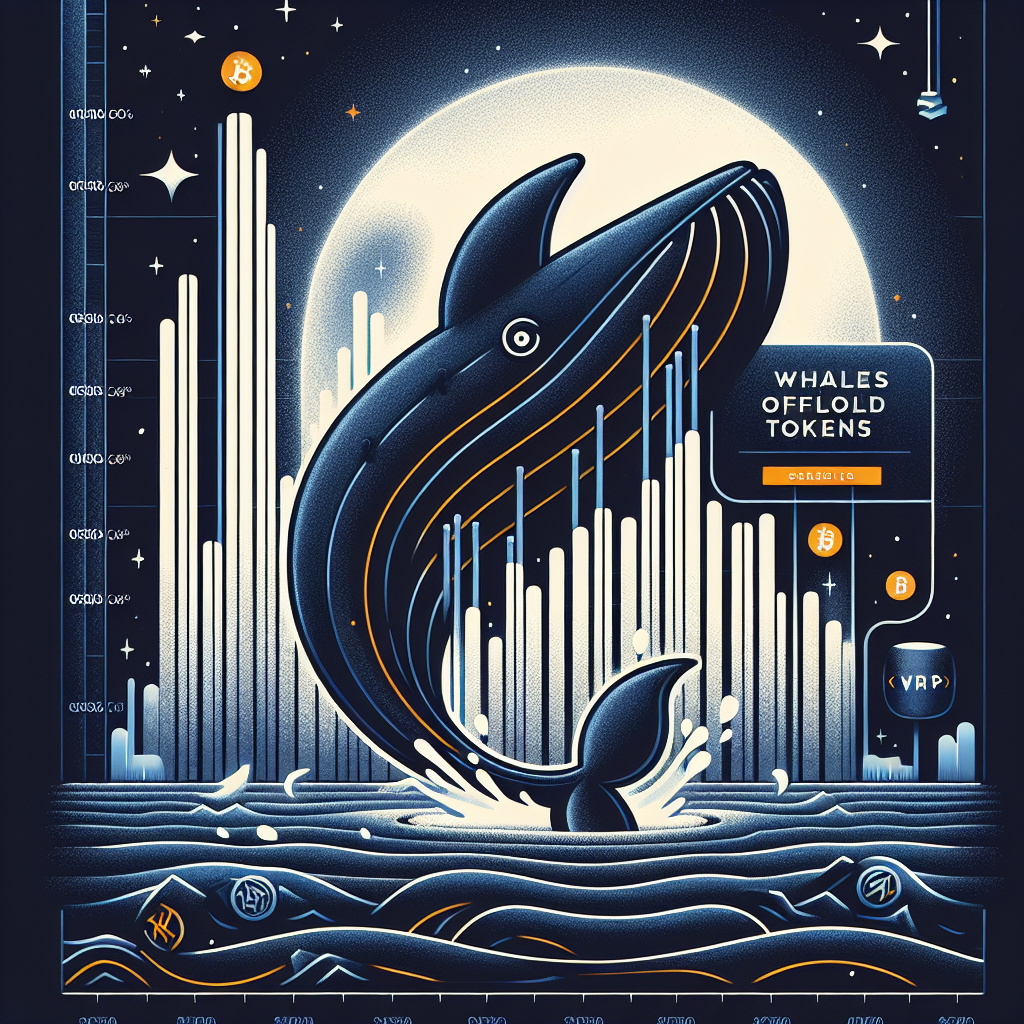 "Monochrome, Midnight-Blue-colored, 1200x628 px chart showing decline in XRP token offload with Orange 'Whales offload tokens' headline and 'Risk of 30% crash' subheadline, XRP logo in top left, and whale illustration indicating a downsize in bottom right, reflecting potential future crash trend in XRP investment."