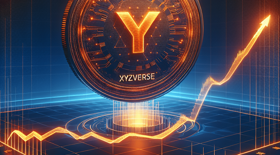"Digital coin with the inscription 'XYZVerse' designed with dominant color vibrant orange #FF9811 floating over a financial line chart indicating steep growth. Background displaying a gradient of dark blue #000D43 and midnight blue #021B88. Image includes text 'Projected 30x Growth by 2025' at the bottom."