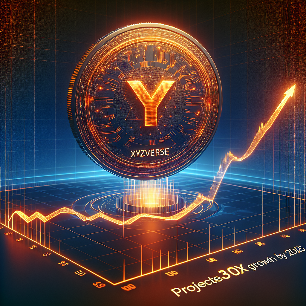"Digital coin with the inscription 'XYZVerse' designed with dominant color vibrant orange #FF9811 floating over a financial line chart indicating steep growth. Background displaying a gradient of dark blue #000D43 and midnight blue #021B88. Image includes text 'Projected 30x Growth by 2025' at the bottom."