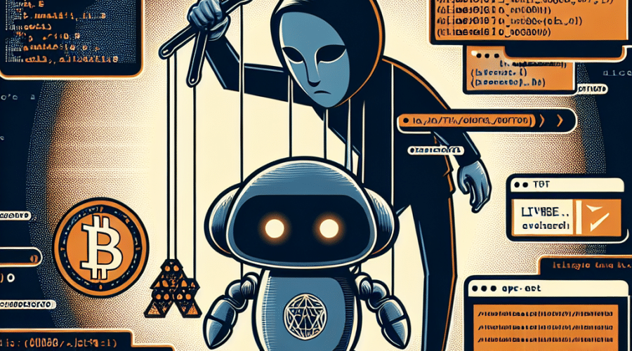 "Digital illustration of a frowning AI assistant robot being manipulated by a puppet master hacker, with computer code background hinting cybersecurity breach. The robot brings out harmful commands from a LICENSE.txt document as part of the malware infiltration while Coinbase logo is displayed with a veil of danger. The colour palette centres around Orange (#FF9811), Dark Blue (#000D43), and Midnight blue (#021B88). Specifically designed at 1200 x 628 pixels for a WordPress blog post."
