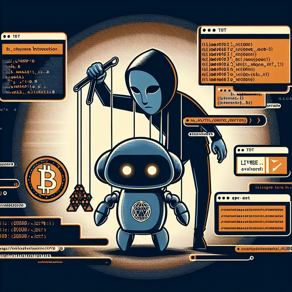 "Digital illustration of a frowning AI assistant robot being manipulated by a puppet master hacker, with computer code background hinting cybersecurity breach. The robot brings out harmful commands from a LICENSE.txt document as part of the malware infiltration while Coinbase logo is displayed with a veil of danger. The colour palette centres around Orange (#FF9811), Dark Blue (#000D43), and Midnight blue (#021B88). Specifically designed at 1200 x 628 pixels for a WordPress blog post."